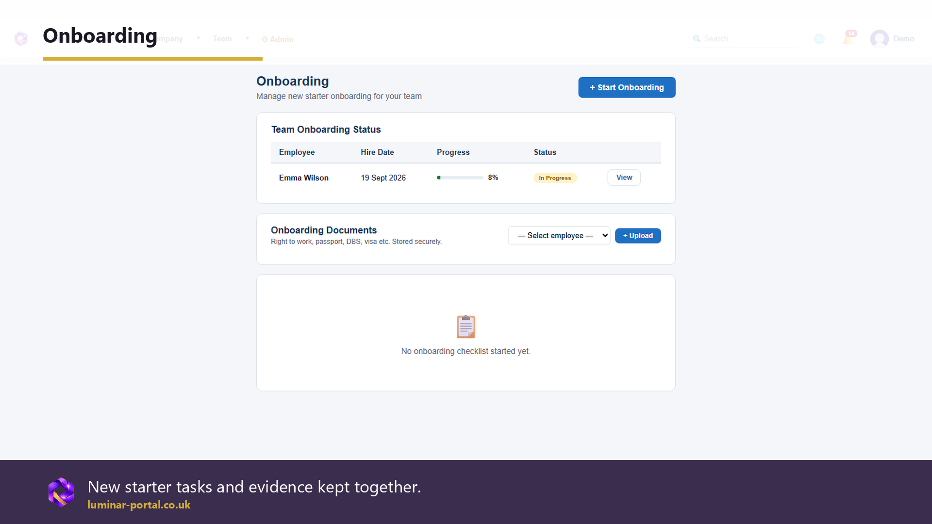 Onboarding keeps new starter tasks and evidence together.