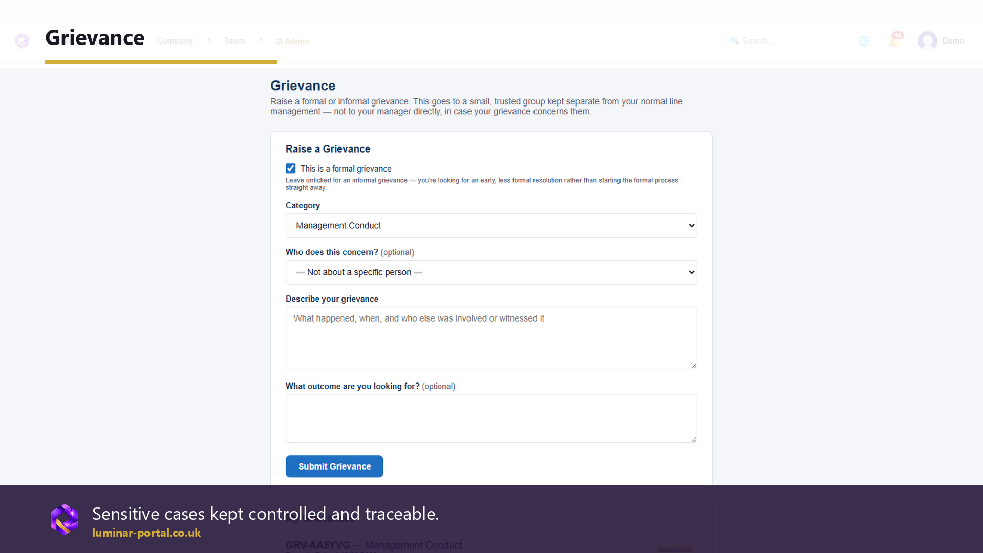 Grievance records keep sensitive cases controlled and traceable.