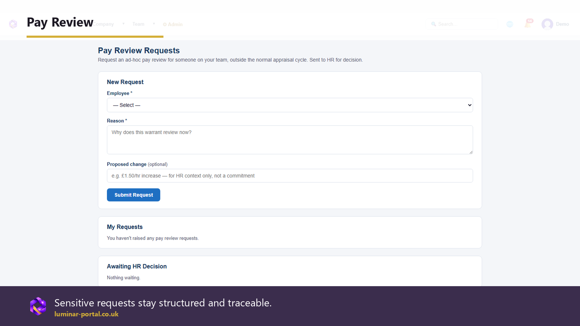 Pay review requests are kept structured and traceable.
