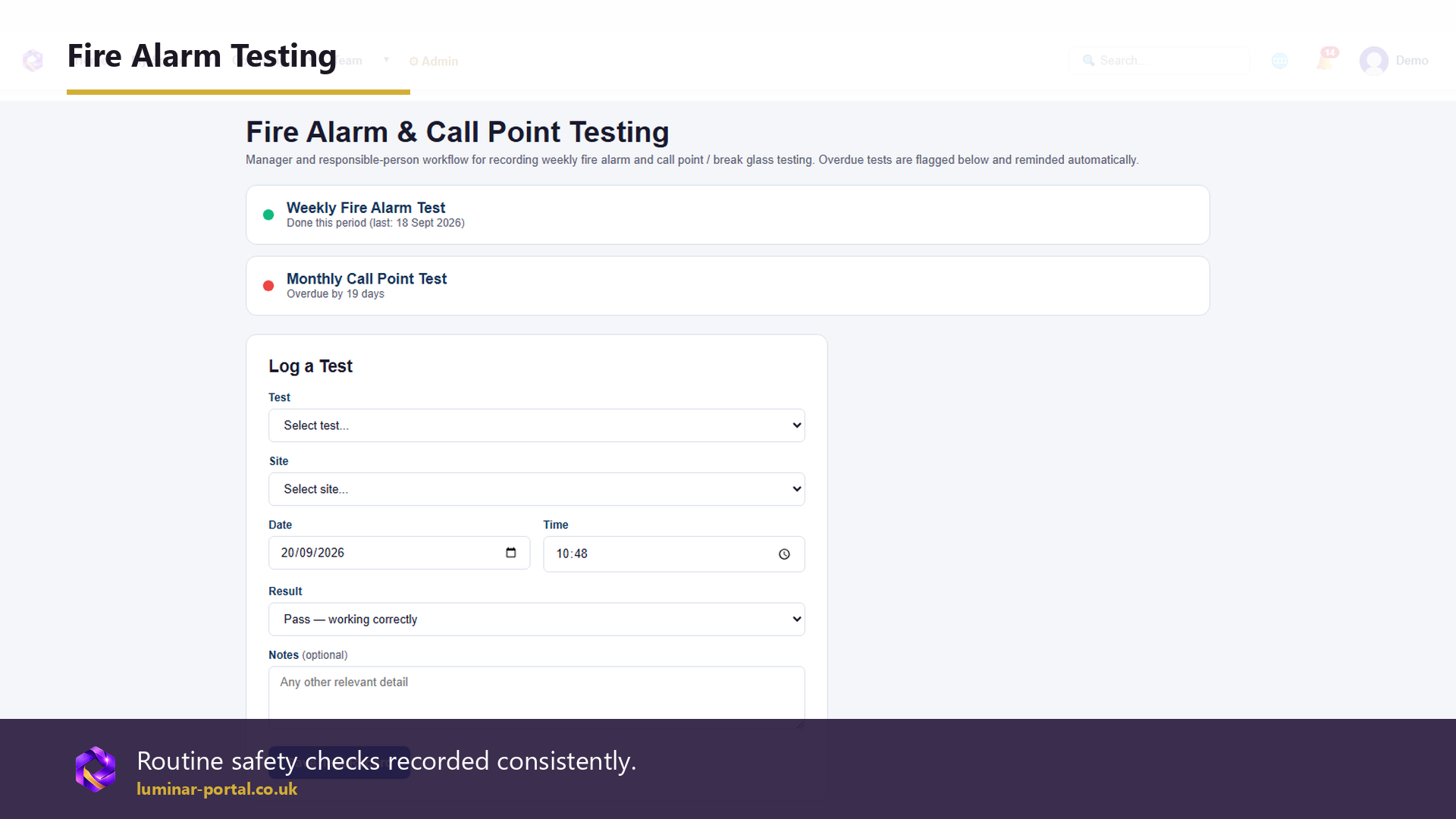 Fire alarm testing records routine safety checks consistently.
