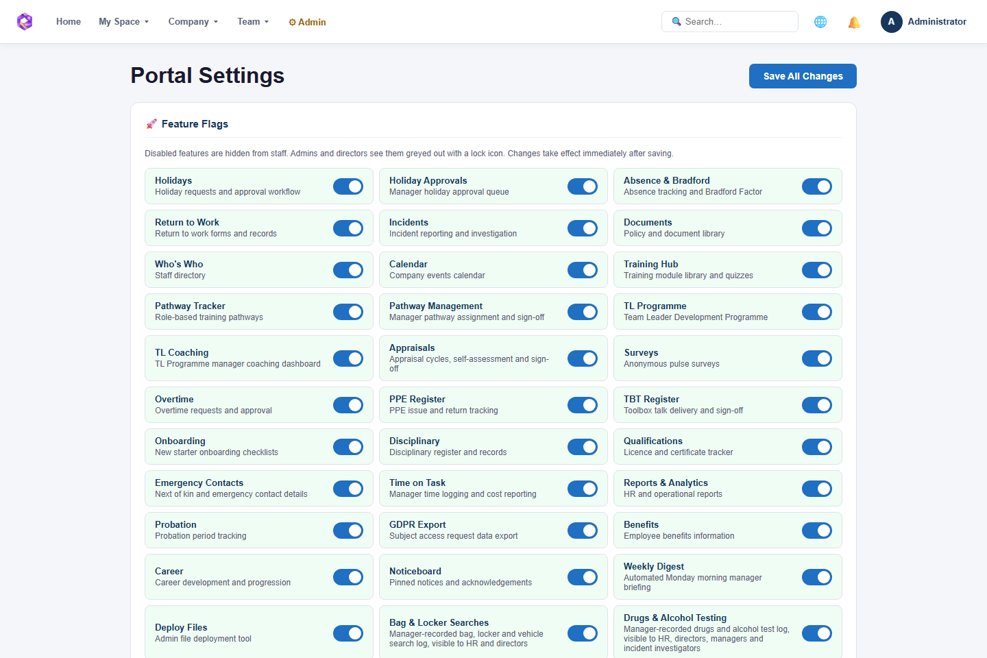 Feature flags let administrators control which Portal modules are enabled.