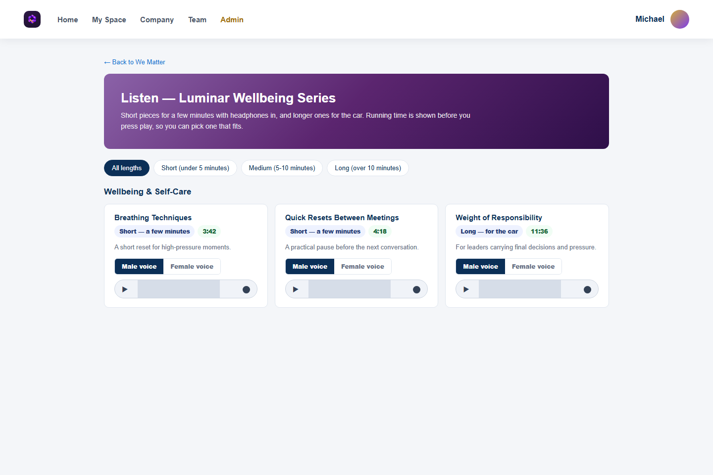 The Listen page groups narrated wellbeing pieces by length, voice and topic.
